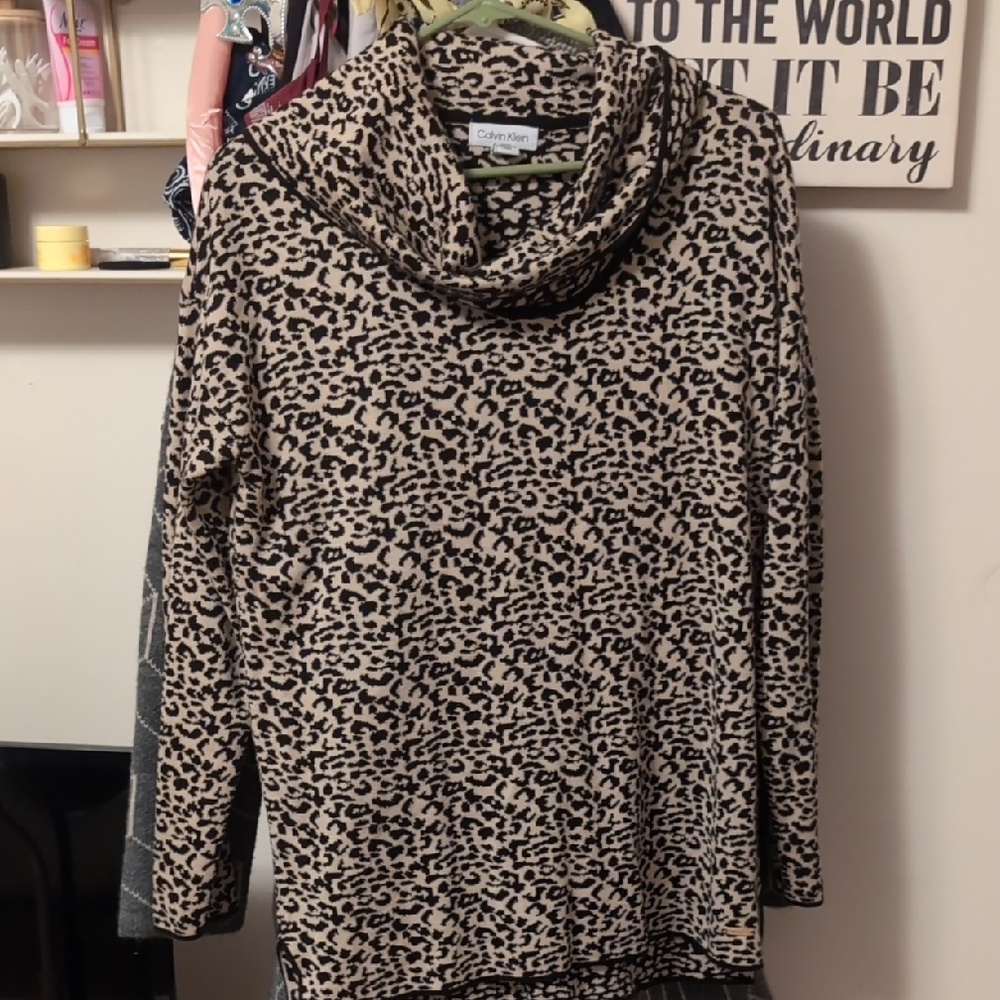Calvin Klein Black and Tan Cowl Neck Sweater Animal Print